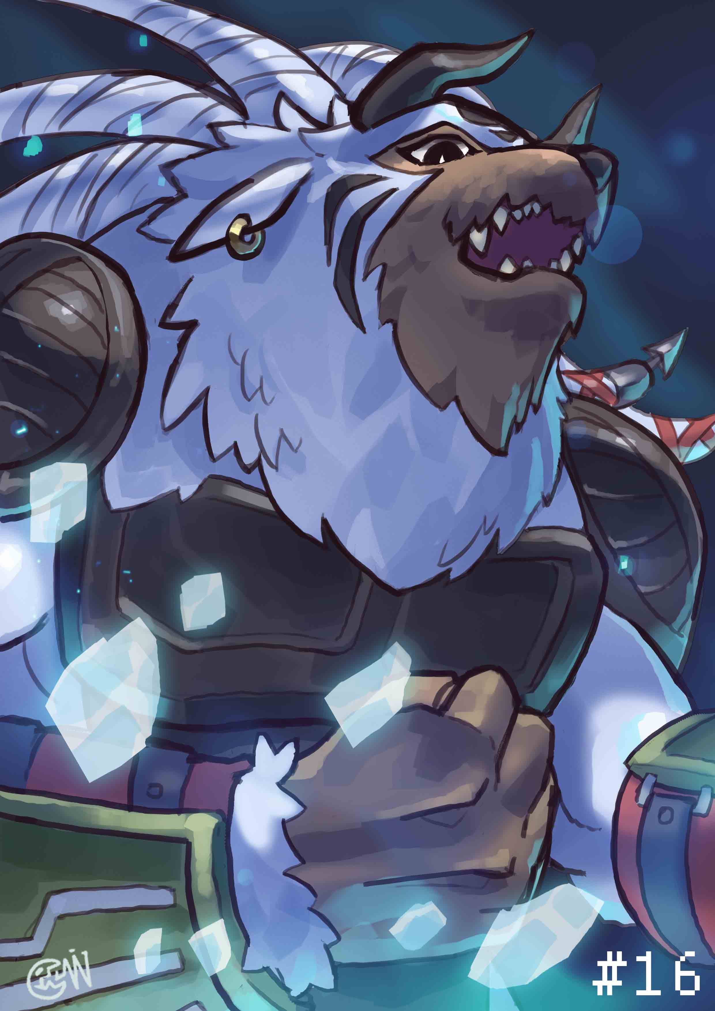 1other, absurdres, animal_ear_piercing, armor, blizzarmon, clenched_hand, cwdw, digimon