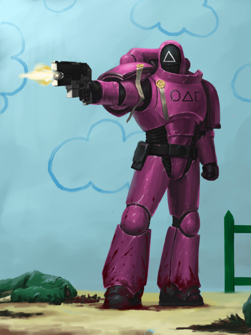 1boy, absurdres, adeptus_astartes, armor, armored_boots, black_mask, blood, bolter