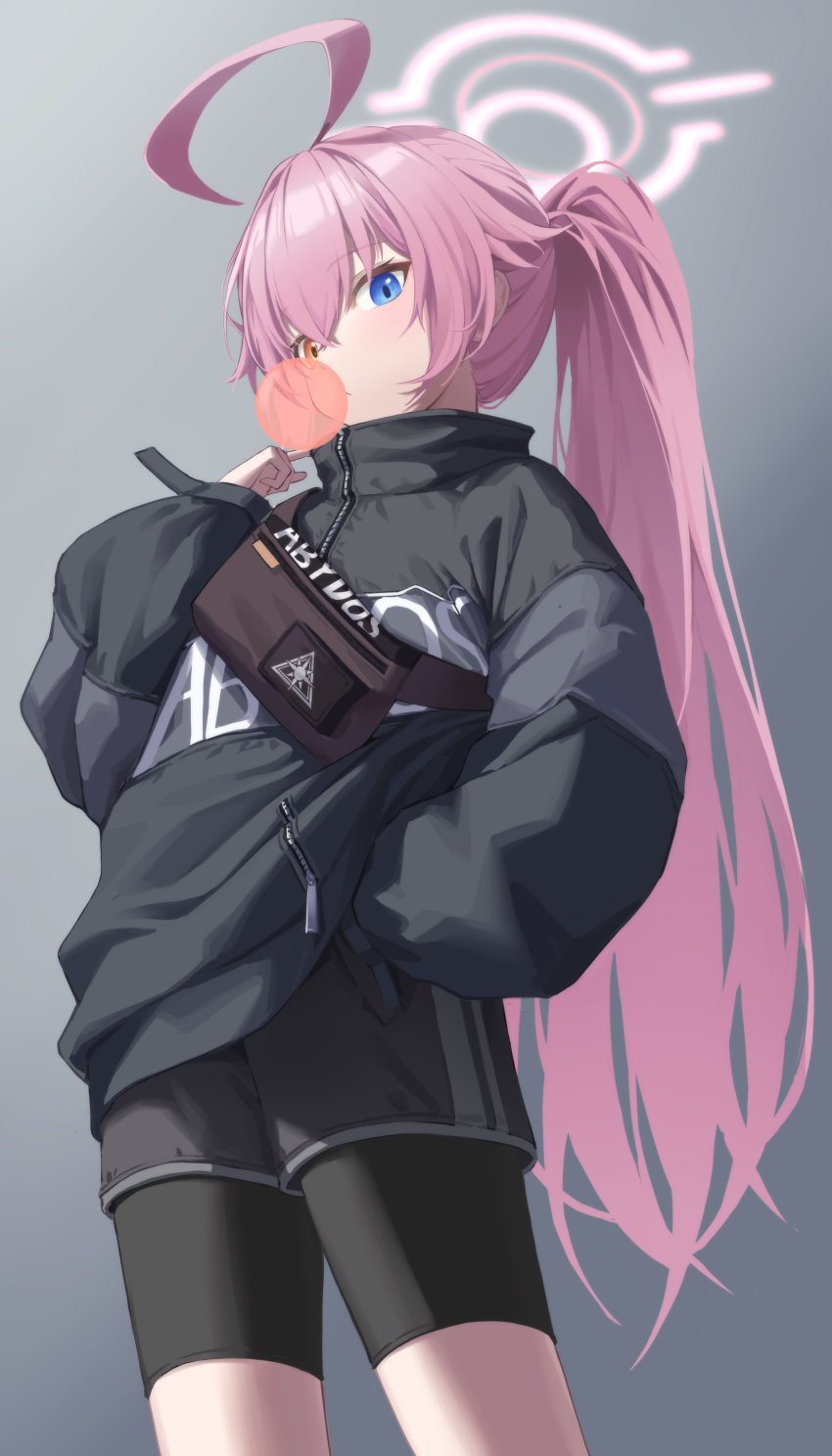 1girl, absurdres, ahoge, bike_shorts, black_jacket, black_shorts, blue_archive, blue_eyes