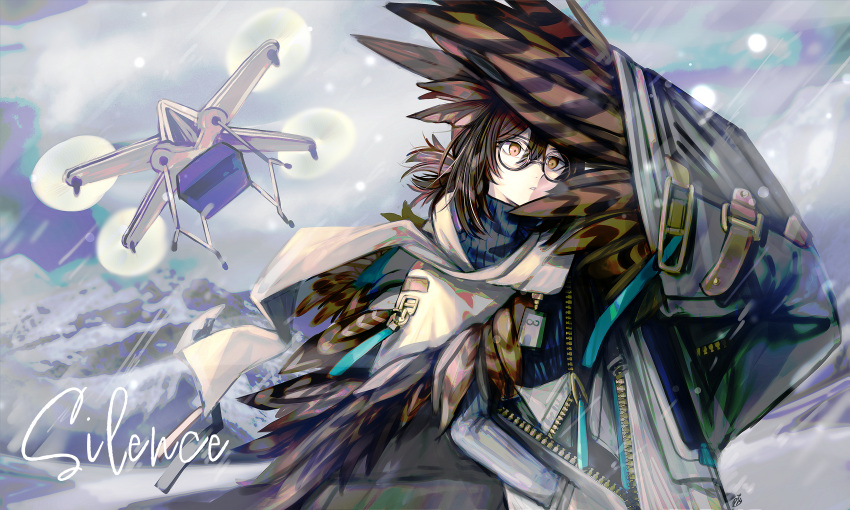 1girl, absurdres, arknights, bird_girl, brown_hair, drone, feather_hair, feathers, glasses, highres, id_card, mountainous_horizon, orange_eyes, outdoors, owl_ears, owl_girl, rhine_lab_(arknights), rhine_lab_logo, silence_(arknights), snow, solo, winged_arms, wings