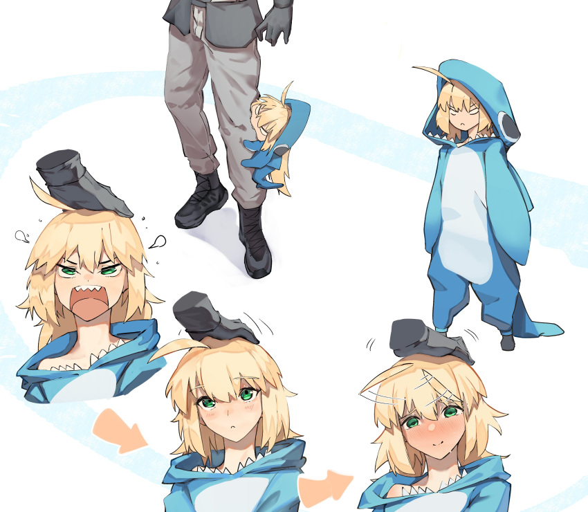 1boy, 1girl, :<, absurdres, ahoge, animal_costume, artoria_caster_(fate), artoria_pendragon_(fate), black_gloves, blonde_hair, blush, boots, fate/grand_order, fate_(series), fujimaru_ritsuka_(male), fujimaru_ritsuka_(male)_(polar_chaldea_uniform), gloves, green_eyes, headpat, highres, long_hair, obazzotto, shark_costume, sharp_teeth, teeth