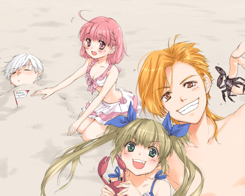 +_+, ahoge, beach, bikini, breasts, cleavage, crab, fang, hair_ribbon, kanda_aya, kurusu_kanon, mashiba_mariko, mole, ootori_satoru, original, pink_eyes, pink_hair, ribbon, sand, skirt, suou_teruomi, swimsuit, twintails, wavy_mouth