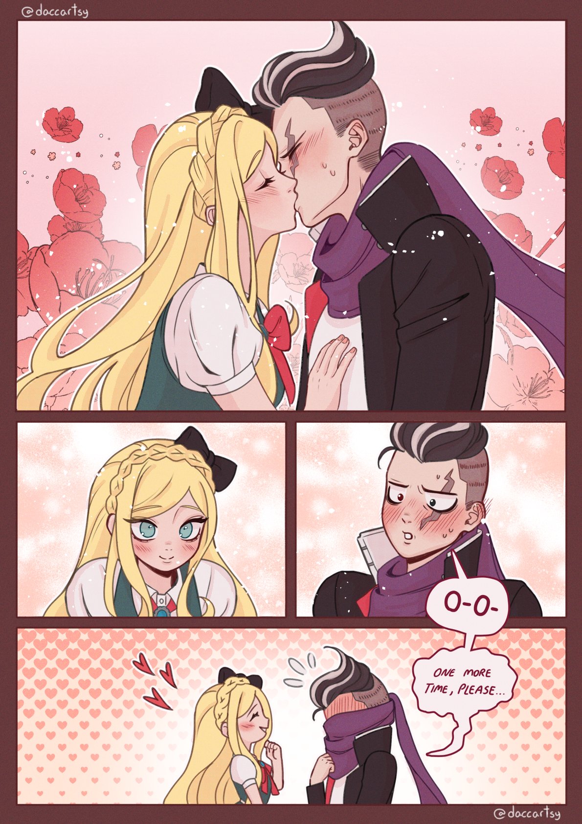 1boy, 1girl, black_bow, black_hair, blonde_hair, blush, border, bow