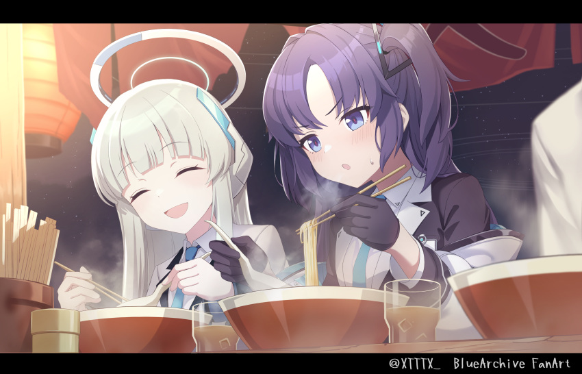 2girls, absurdres, black_gloves, blue_archive, blue_necktie, chopsticks, closed_eyes, collared_shirt