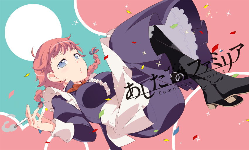 boots, braid, cigarette, hands, maid, pantyhose, pink_hair, smoking, toiguchi_akihiko