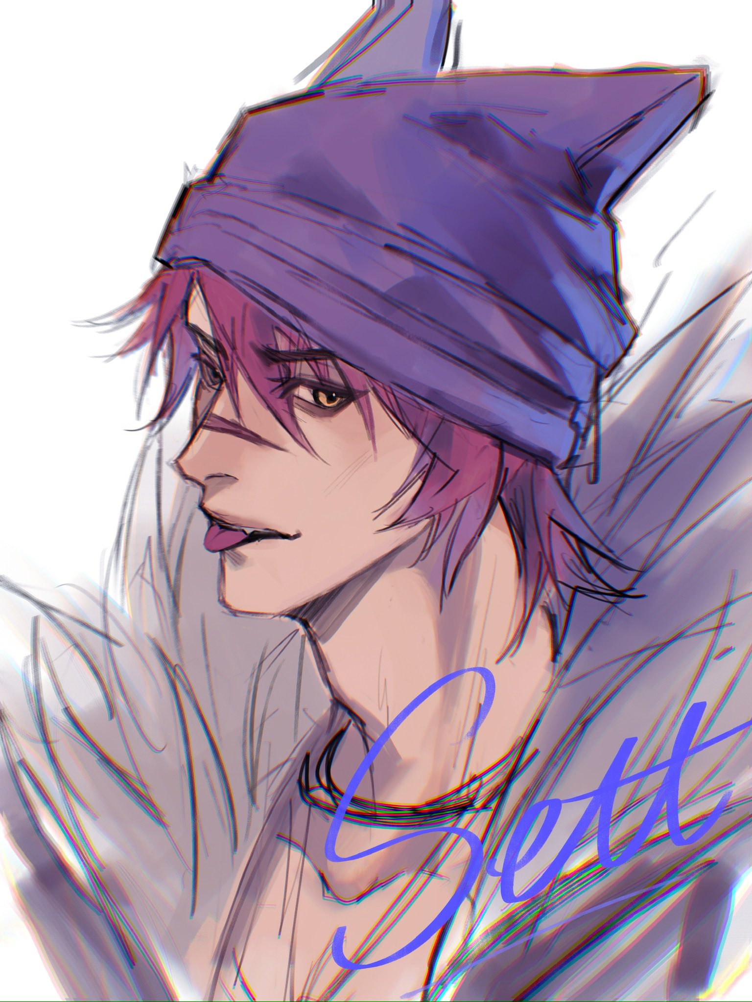 1boy, blush, character_name, fangs, from_side, fur_trim, heartsteel_(league_of_legends), heartsteel_sett