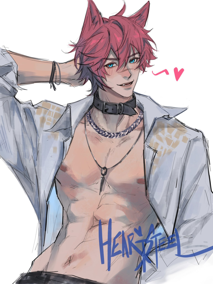 1boy, animal_collar, animal_ears, black_collar, blush, bracelet, collar, fang, grey_shirt, heart, highres, jewelry, ka_kaxxx0, league_of_legends, looking_at_viewer, male_focus, navel, necklace, open_clothes, open_shirt, redhead, scar, scar_on_face, scar_on_nose, sett_(league_of_legends), shirt, short_hair, short_sleeves, solo, teeth, upper_body