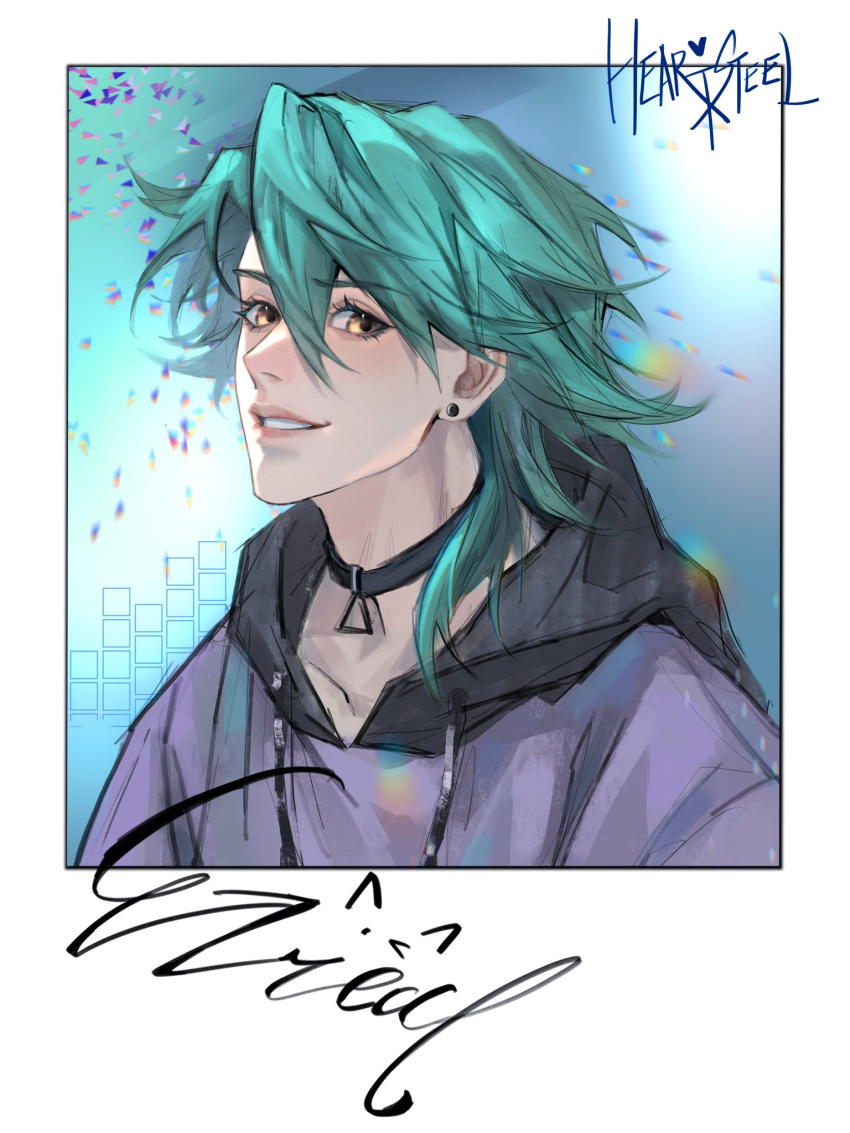 1boy, black_choker, black_hoodie, character_name, choker, earrings, green_hair, grin