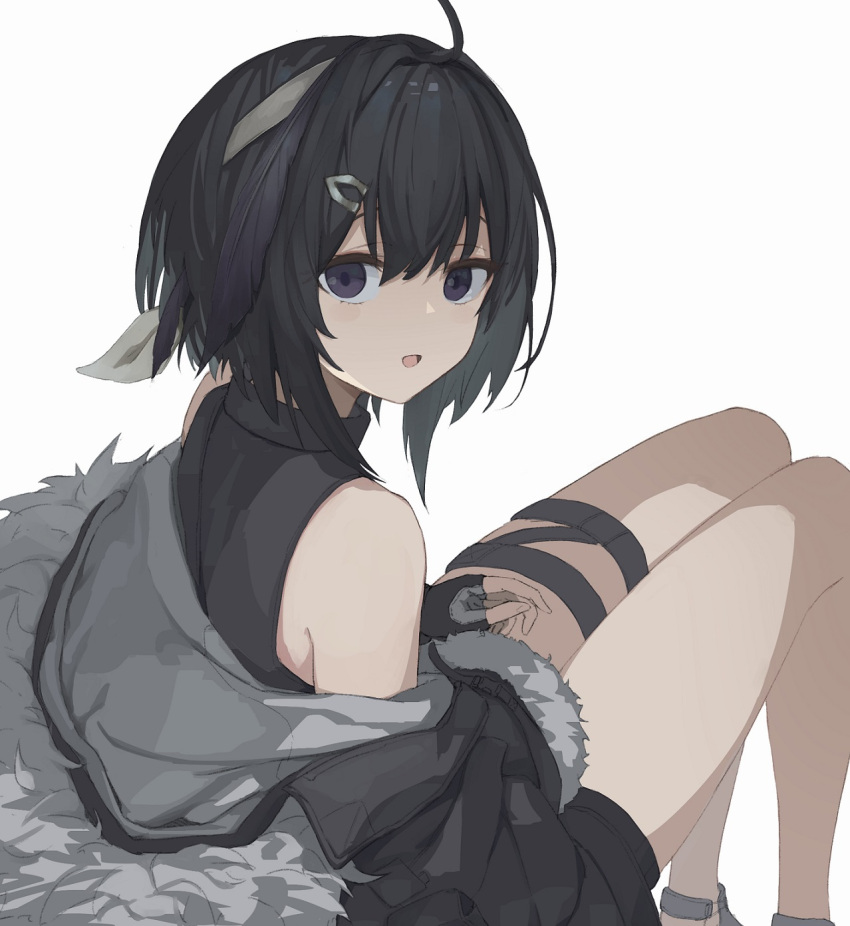 1girl, :d, arknights, bare_shoulders, black_eyes, black_hair, feather_hair, fingerless_gloves