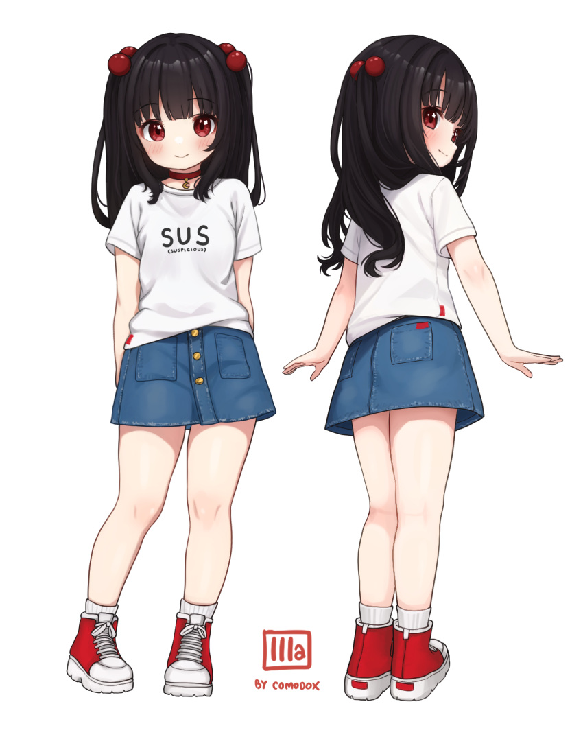 1girl, artist_name, black_hair, blush, clothes_writing, comodomodo, denim, denim_skirt