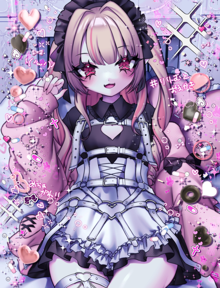 1girl, apron, black_dress, blonde_hair, blush, cleavage_cutout, clothing_cutout, dress