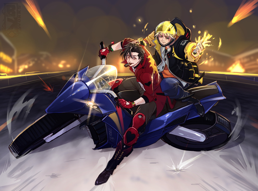 2boys, akira_slide, bk_works, black_footwear, blonde_hair, brown_hair, card, chocolate, chris_redgrave, clip_studio_paint_(medium), denim, eating, finn_oldman, gloves, green_eyes, hair_between_eyes, helmet, high_card, highres, holding, holding_card, jacket, motor_vehicle, motorcycle, multiple_boys, on_motorcycle, outdoors, red_gloves, red_jacket, watch, watch, yellow_eyes