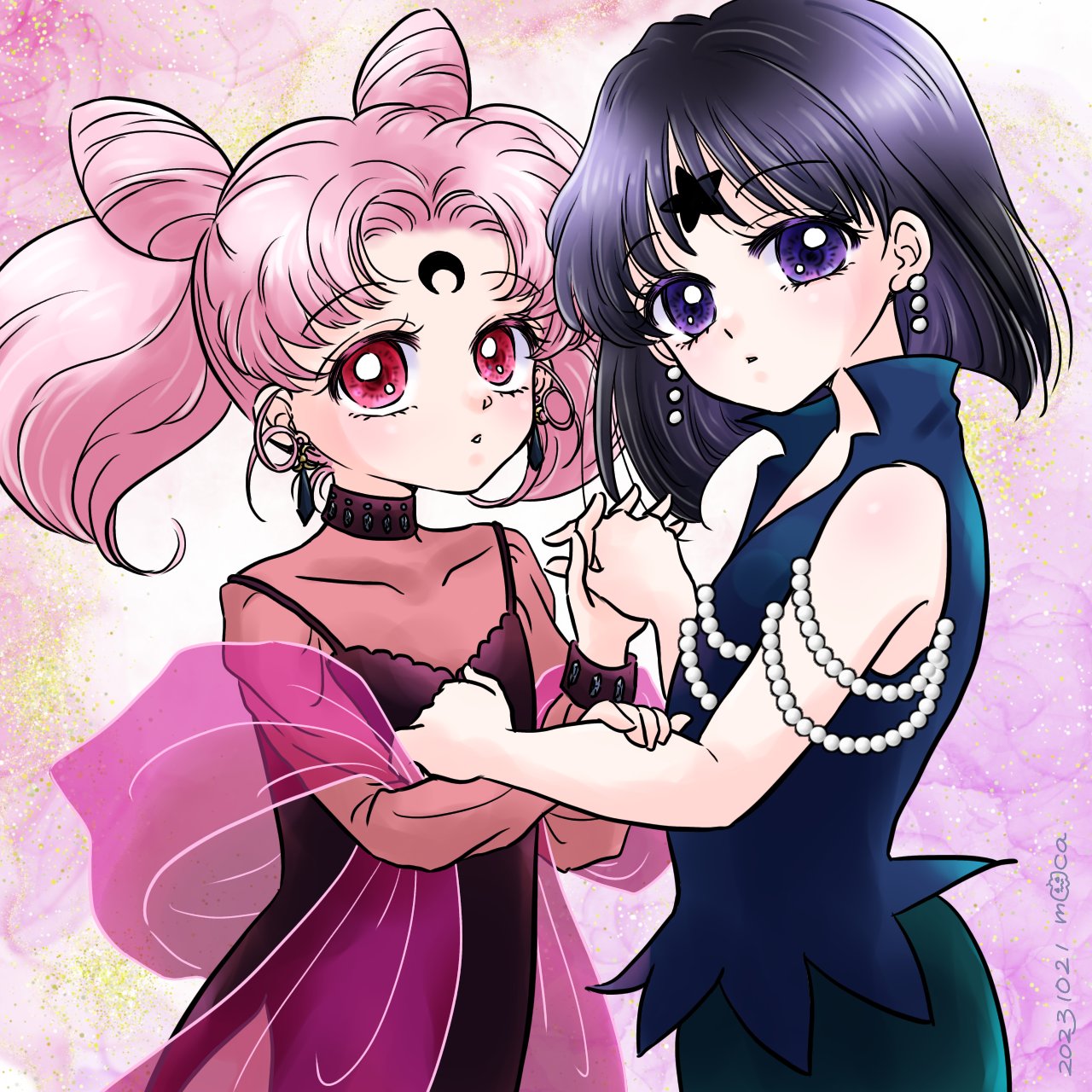 2girls, bishoujo_senshi_sailor_moon, black_dress, black_eyes, black_hair, black_lady, blunt_bangs, blunt_ends