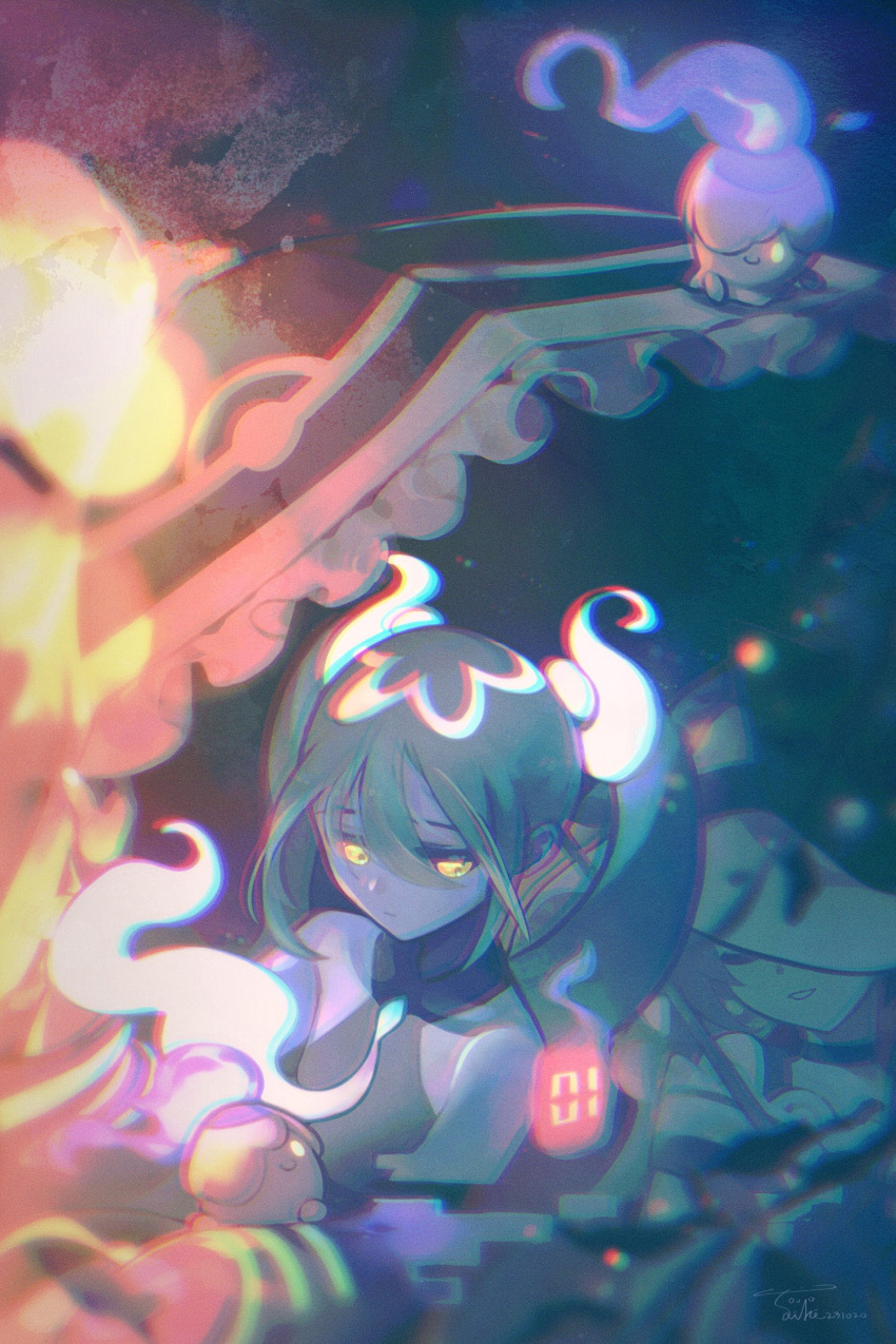 2girls, absurdres, aqua_hair, bare_shoulders, black_choker, choker, closed_eyes, dark_miku_(project_voltage), detached_sleeves, fire, ghost_miku_(project_voltage), ghostlibe, grey_shirt, hair_between_eyes, hat, hatsune_miku, highres, litwick, long_hair, multiple_girls, necktie, one_eye_covered, pokemon, pokemon_(creature), project_voltage, shirt, twintails, umbrella, very_long_hair, vocaloid, yellow_eyes