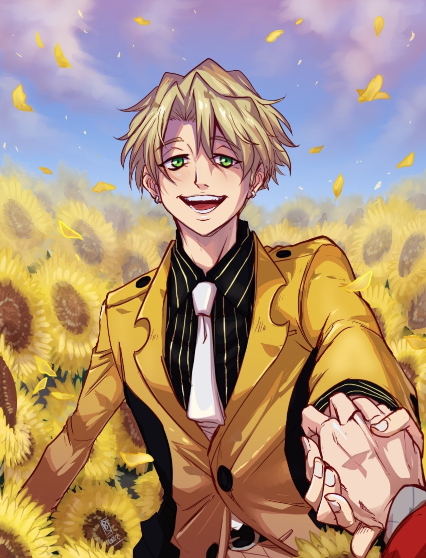 2boys, :d, bk_works, black_shirt, blonde_hair, chris_redgrave, clip_studio_paint_(medium), day