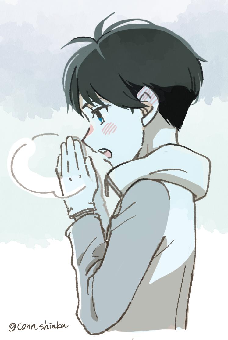 1boy, artist_name, asahina_haruka, black_hair, blue_eyes, blush, breath, conn_shinka