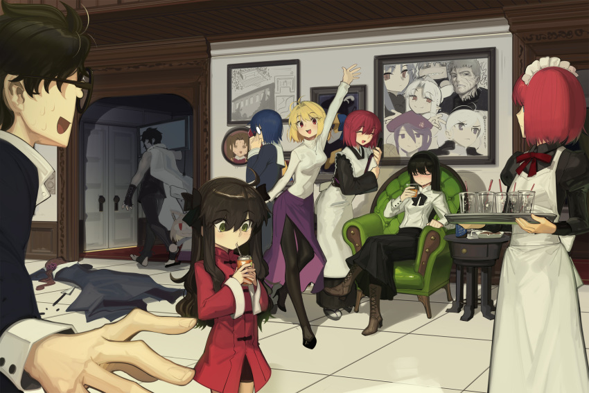 2boys, 6+girls, animal_ears, apron, arcueid_brunestud, arima_miyako, black-framed_eyewear, black_dress