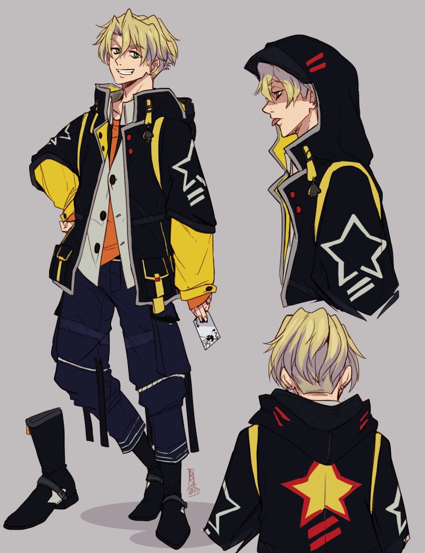 1boy, bk_works, black_footwear, black_jacket, blonde_hair, card, clip_studio_paint_(medium), ear_piercing