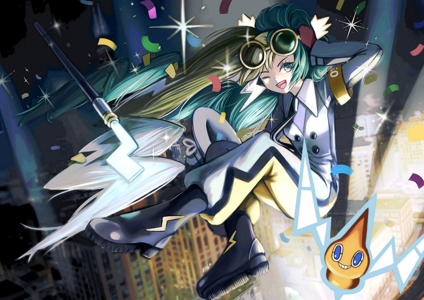 1girl, armband, black_footwear, boots, cane, cityscape, electric_miku_(project_voltage), electricity, green_eyes, hat, hatsune_miku, highres, holding, holding_clothes, holding_hat, jumpsuit, lightning_bolt_symbol, looking_at_viewer, multicolored_hair, necktie, one_eye_closed, open_mouth, pitdoo, pokemon, pokemon_(creature), project_voltage, rotom, rotom_(normal), searchlight, sunglasses, twintails, two-tone_hair, vocaloid, yellow_armband