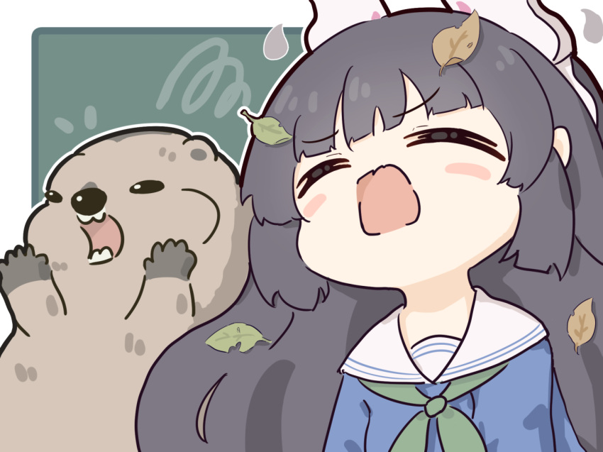 1girl, animal, animal_ears, blue_archive, blue_shirt, blush_stickers, chibi, closed_eyes