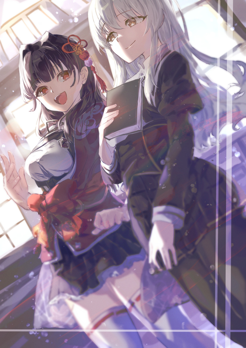 2girls, :d, absurdres, assault_lily, black_hair, black_pantyhose, black_ribbon, black_skirt