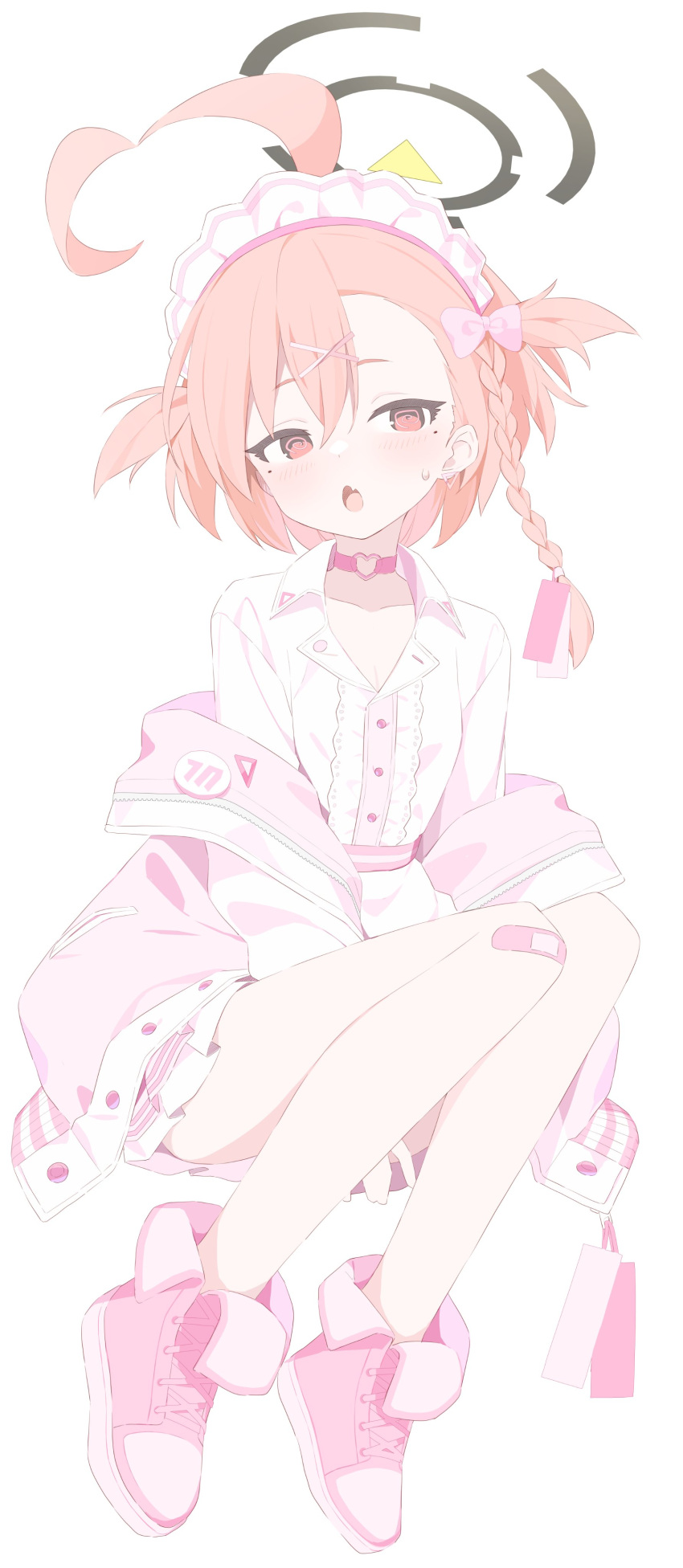 1girl, absurdres, bandaid, bandaid_on_leg, blue_archive, blush, bow, choker