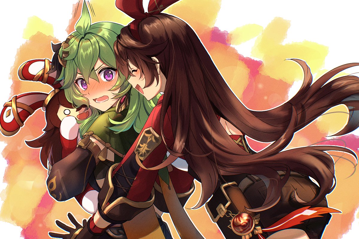 2girls, ahoge, amber_(genshin_impact), armlet, baron_bunny_(genshin_impact), belt_pouch, black_dress, blush