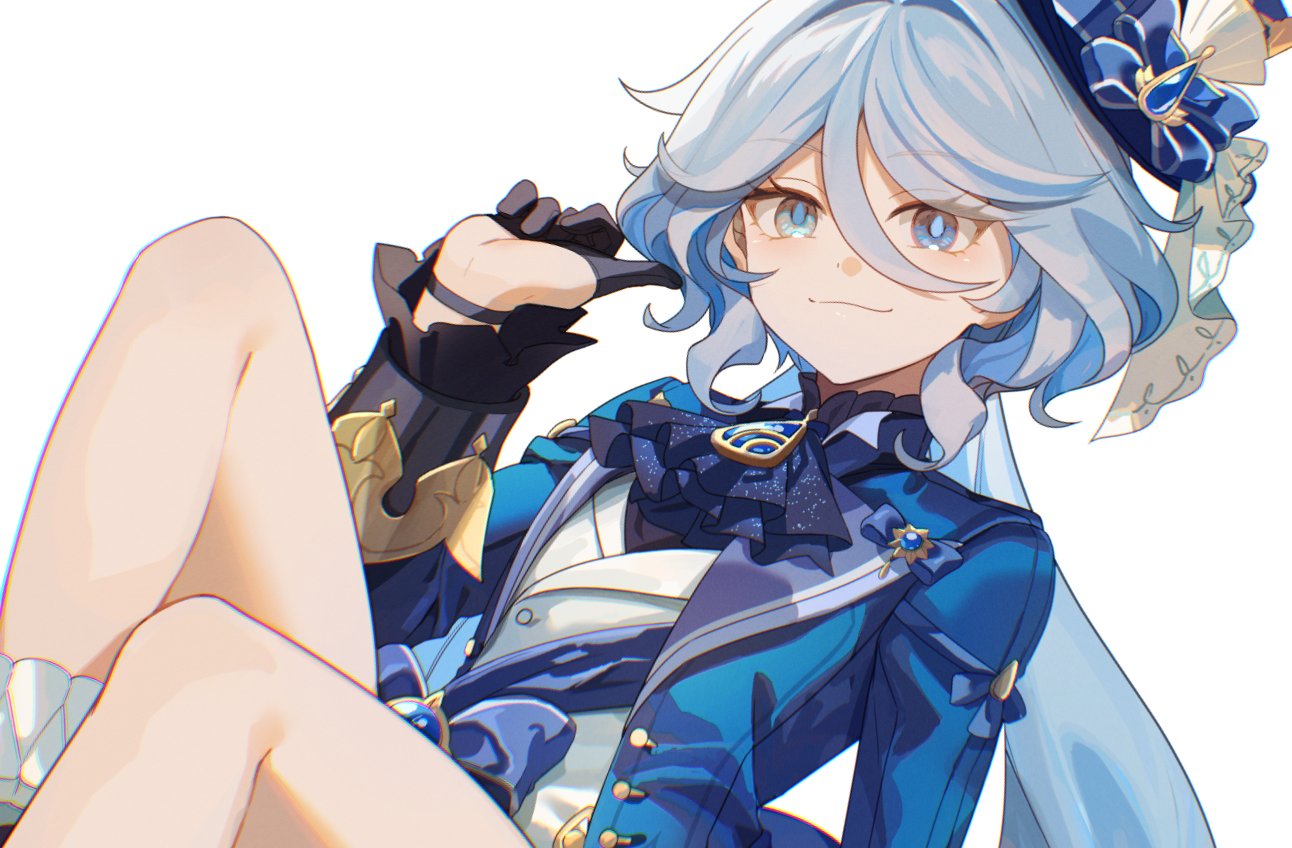 1girl, black_gloves, blue_bow, blue_eyes, blue_gemstone, blue_hair, blue_headwear, bow