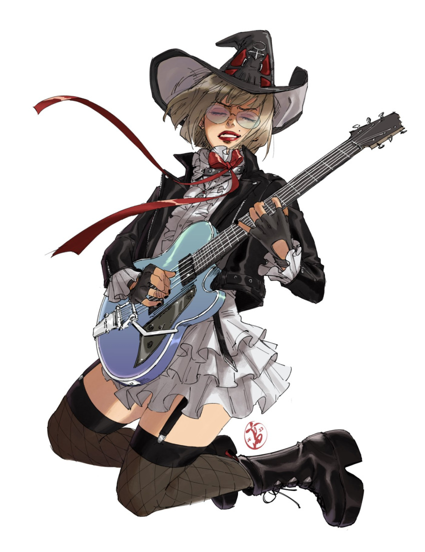1girl, alternate_costume, black_gloves, black_headwear, blonde_hair, electric_guitar, fingerless_gloves, gloves