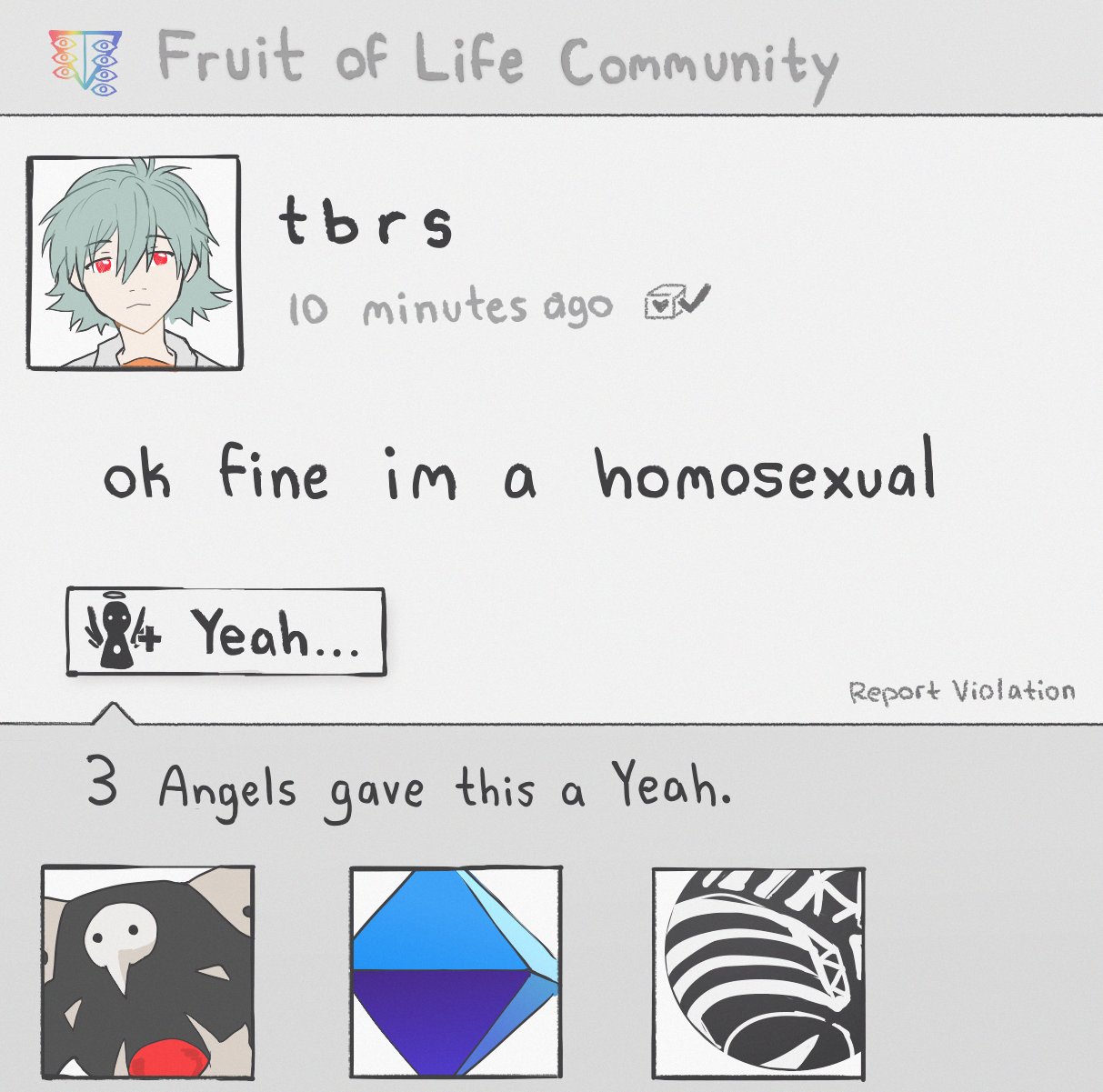 1boy, 3others, angel_(evangelion), english_text, gorgonz0laaa, grey_hair, hair_between_eyes, heart