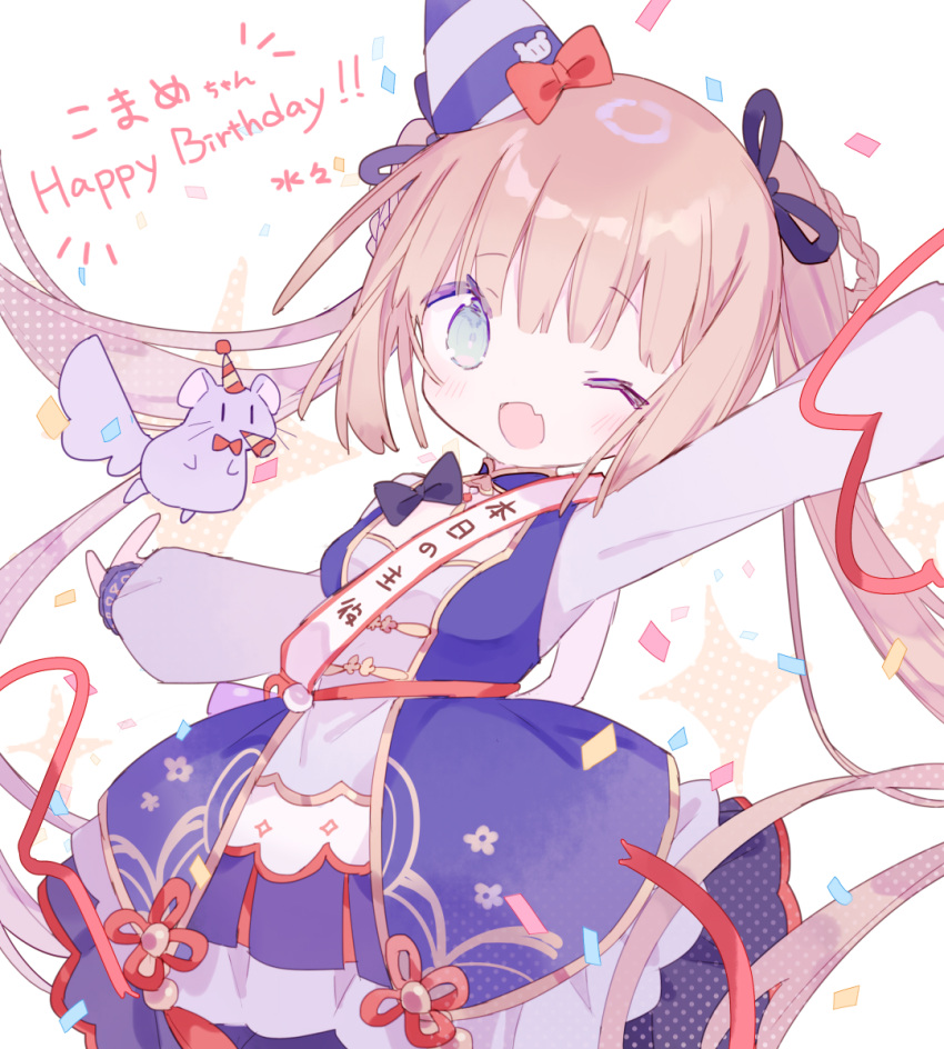 1girl, black_ribbon, blue_dress, blunt_bangs, brown_hair, dress, green_hair, hair_ribbon, happy_birthday, highres, idol_clothes, indie_virtual_youtuber, long_hair, long_sleeves, mizumizu_(phoenix), mochikomame, mouse, one_eye_closed, open_mouth, ribbon, solo, twintails