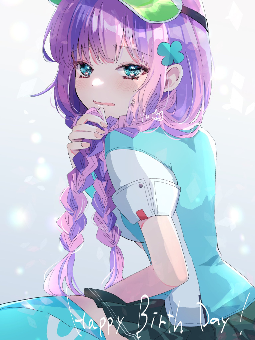 1girl, aqua_eyes, blush, clover_hair_ornament, date_akari, green_thighhighs, hair_ornament, happy_birthday