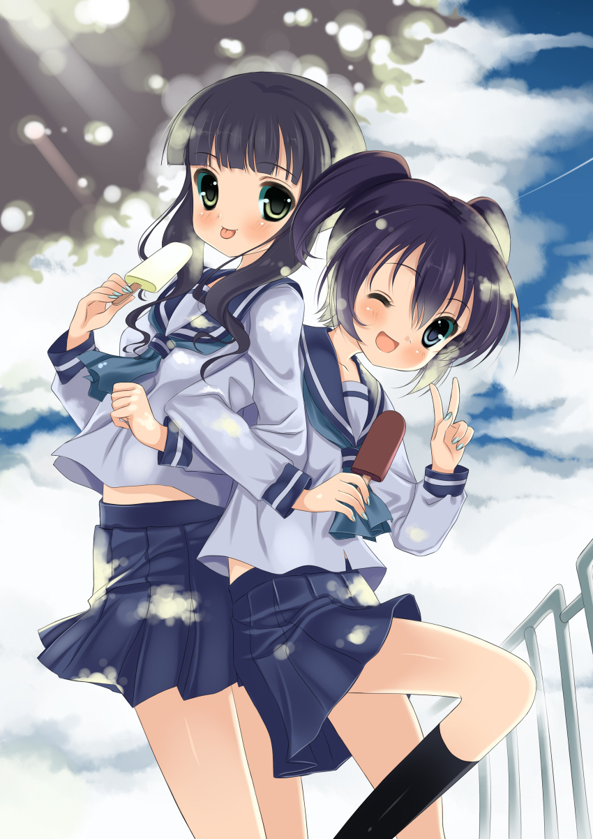 :p, ;d, absurdres, back-to-back, bad_id, black_hair, black_rock_shooter, blush