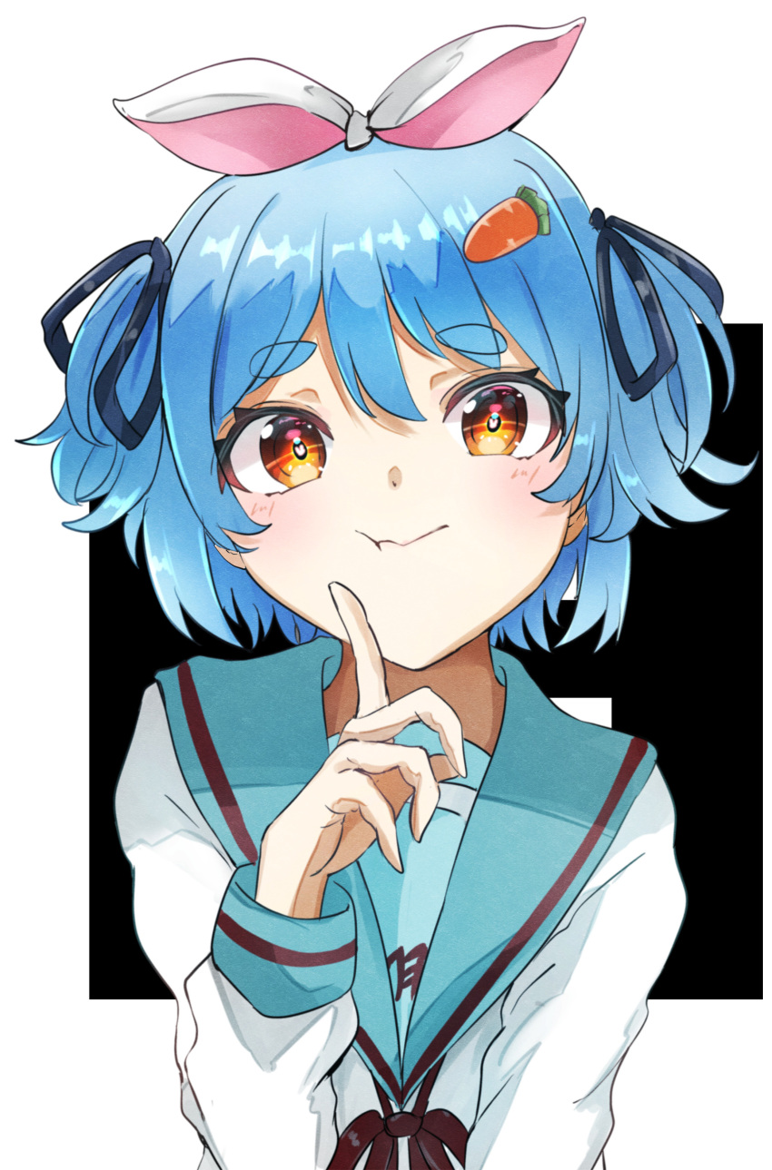 1girl, absurdres, animal_ears, black_ribbon, blue_hair, blue_sailor_collar, blush, brown_ribbon, carrot_hair_ornament, cheek_poking, cosplay, finger_to_cheek, food-themed_hair_ornament, hair_between_eyes, hair_ornament, hair_ribbon, highres, hololive, kita_high_school_uniform, long_sleeves, looking_at_viewer, poking, rabbit_ears, ribbon, sailor_collar, sasai_tuki, school_uniform, short_hair, simple_background, smile, solo, suzumiya_haruhi_no_yuuutsu, thick_eyebrows, tied_ears, two_side_up, usada_pekora, usada_pekora_(4th_costume), virtual_youtuber, winter_uniform
