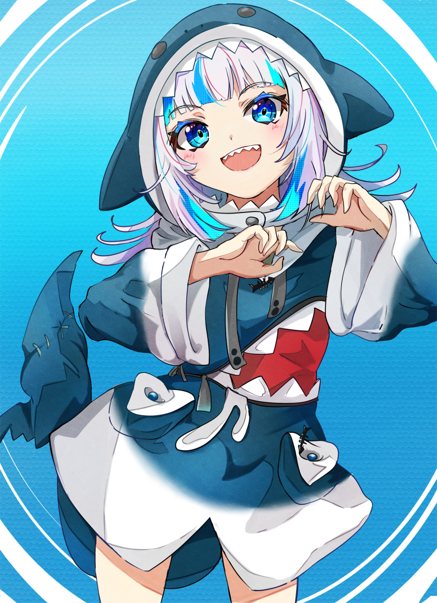 1girl, absurdres, animal_hood, blue_background, blue_eyes, blue_hair, blunt_bangs, fins