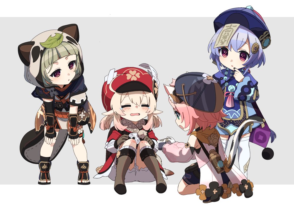 4girls, animal_ears, blonde_hair, blue_eyes, blue_hair, blue_shorts, blush, boots, brown_footwear, cabbie_hat, calico, cat_ears, cat_tail, closed_eyes, crossed_bandaids, crying, diona_(genshin_impact), dress, full_body, genshin_impact, green_hair, hat, klee_(genshin_impact), leaning_forward, mm_(motot), multiple_girls, open_mouth, pink_hair, pointy_ears, qiqi_(genshin_impact), red_dress, red_headwear, sayu_(genshin_impact), short_hair, shorts, shuriken, sitting, standing, tail, twintails, violet_eyes, weapon