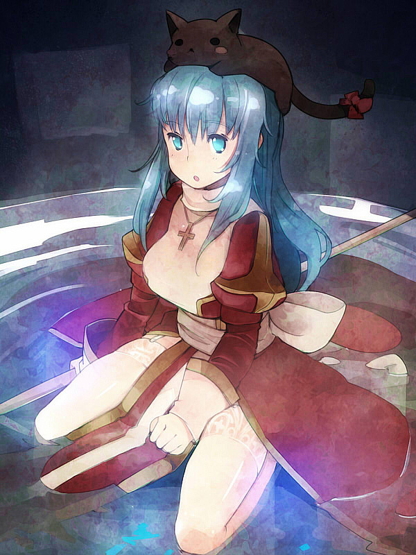bad_id, blue_eyes, blue_hair, cat, cat_on_head, cross, drooping_cat, harepore
