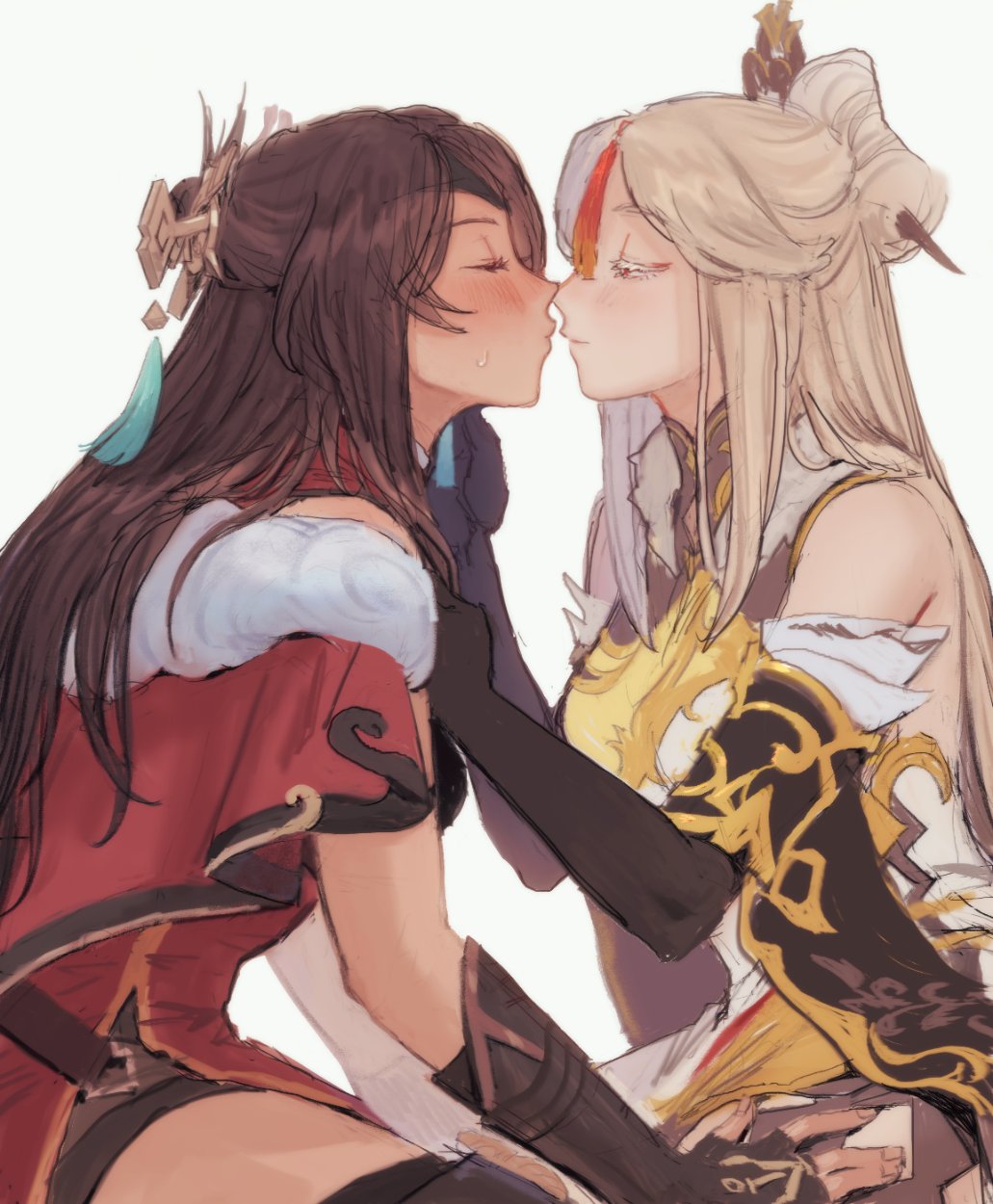 2girls, bare_shoulders, beidou_(genshin_impact), black_gloves, blonde_hair, blush, brown_hair, china_dress, chinese_clothes, closed_eyes, colored_eyelashes, cowboy_shot, detached_sleeves, dress, elbow_gloves, face-to-face, fingerless_gloves, from_side, fur_trim, genshin_impact, gloves, glutentag, hair_bun, hair_ornament, hair_stick, half-closed_eyes, half_updo, hand_on_another's_thigh, highres, imminent_kiss, long_hair, looking_at_another, multiple_girls, ningguang_(genshin_impact), parted_bangs, profile, seiza, simple_background, single_hair_bun, sitting, sketch, smile, straight_hair, sweatdrop, tassel, tassel_hair_ornament, white_background, yellow_dress, yuri
