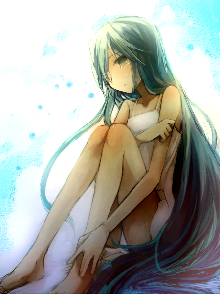 1girl, barefoot, dress, feet, green_eyes, green_hair, hands, hands_on_feet