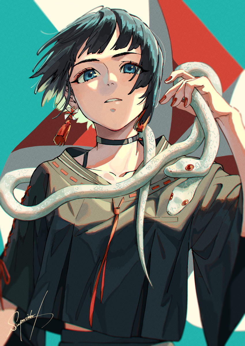 1girl, absurdres, akiwashi, black_choker, choker, earrings, highres, jewelry