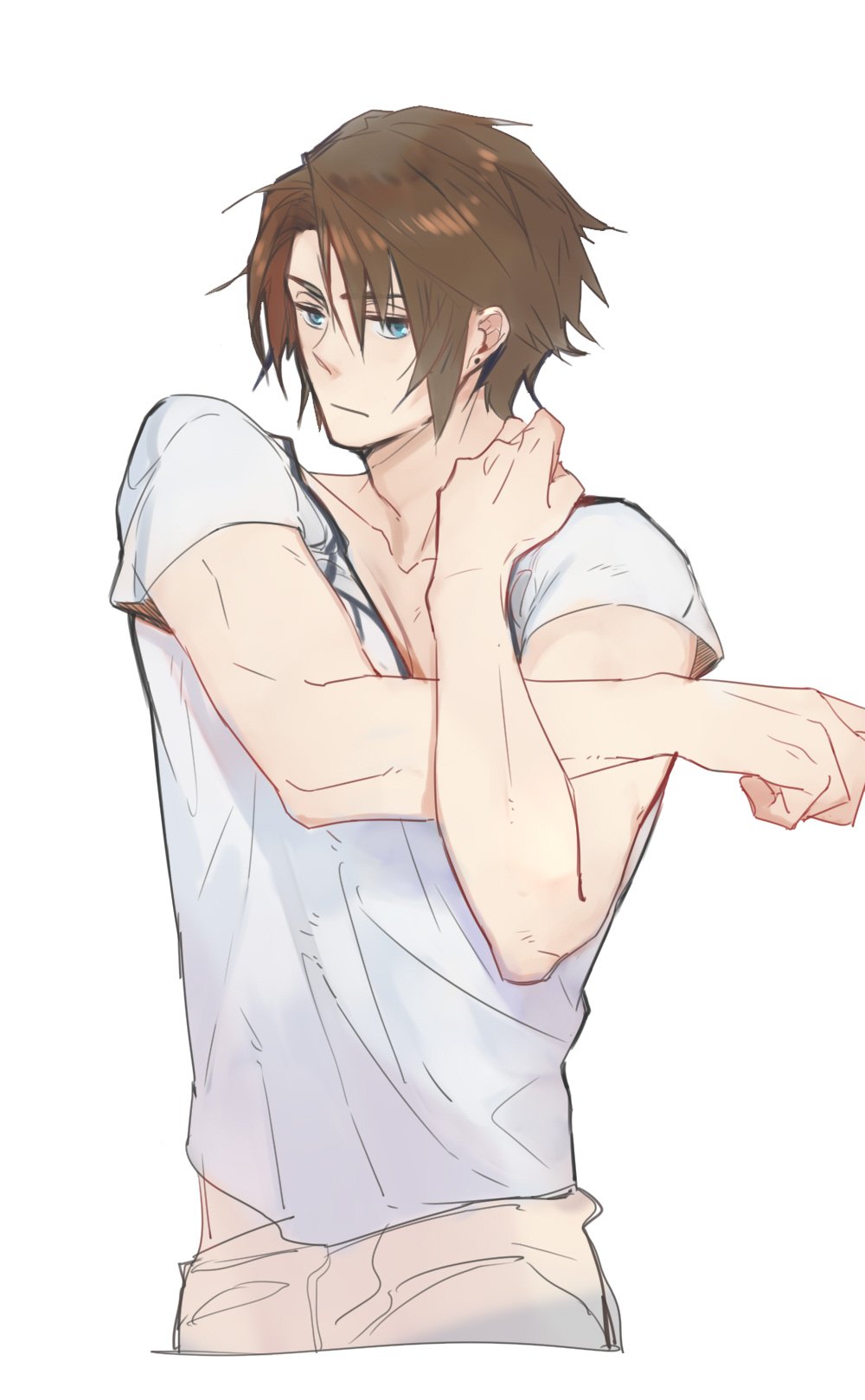 1boy, blue_eyes, brown_hair, cross-body_stretch, earrings, expressionless, final_fantasy, final_fantasy_viii