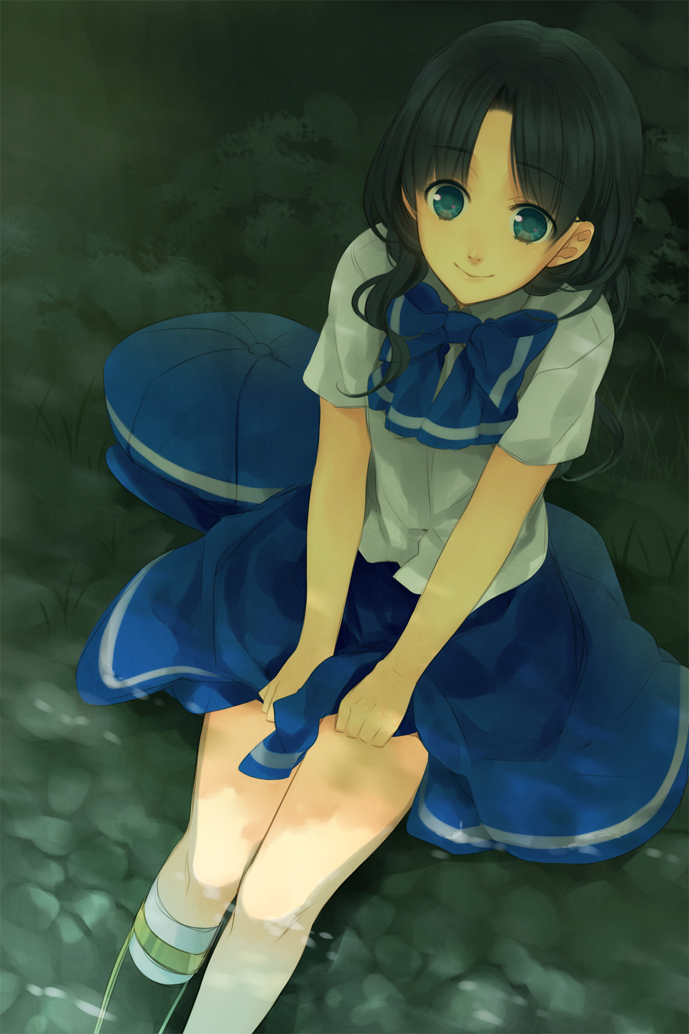 black_hair, blue_eyes, bowtie, cabbie_hat, eto_ichika, feet_in_water, girl_with_golden_shoe, hat