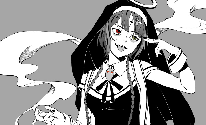 1girl, absurdres, akiwashi, bandaid, bandaid_on_face, braid, character_request, cigarette