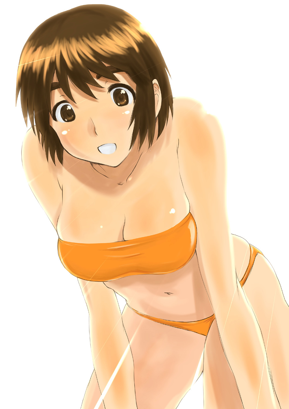bare_shoulders, bikini, breasts, brown_eyes, brown_hair, cleavage, funky-harem, highres