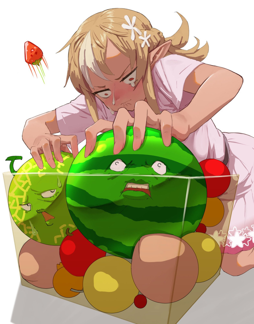 1girl, angry, apple, belt, black_belt, blonde_hair, cantaloupe, constricted_pupils