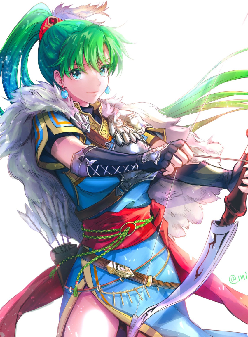 1girl, armor, arrow_(projectile), bow_(weapon), breastplate, closed_mouth, earrings, fire_emblem, fire_emblem:_the_blazing_blade, fire_emblem_heroes, green_eyes, green_hair, highres, holding, holding_arrow, holding_bow_(weapon), holding_weapon, jewelry, long_hair, looking_at_viewer, lyn_(fire_emblem), lyn_(lady_of_the_wind)_(fire_emblem), mintes, official_alternate_costume, quiver, solo, weapon