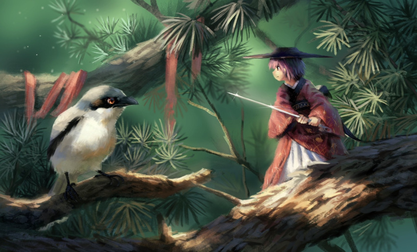 1girl, back_bow, beak, bird, black_bow, black_eyes, black_sash, bow