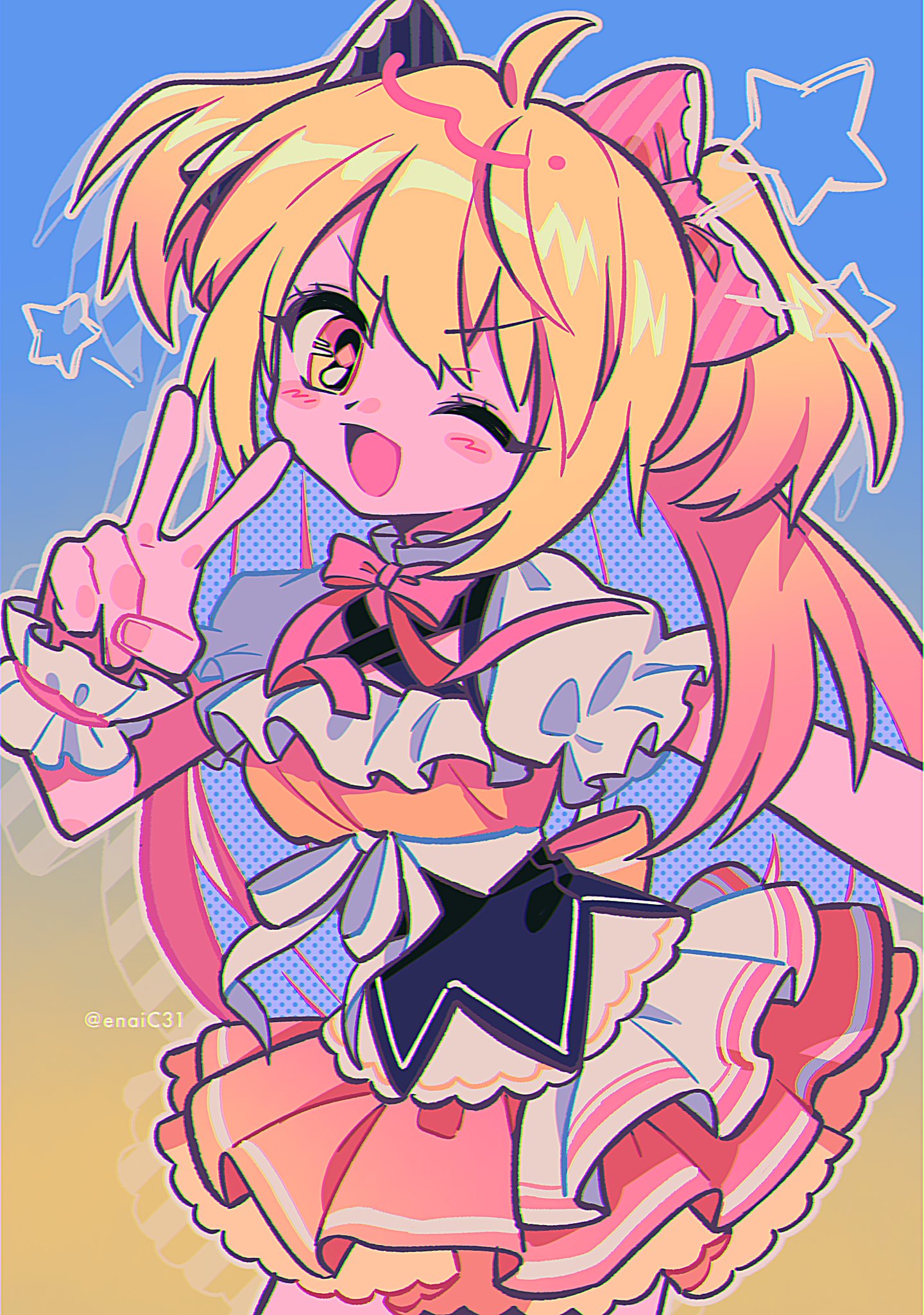 1girl, black_bow, blonde_hair, blue_background, blush_stickers, bow, bowtie, colored_inner_hair