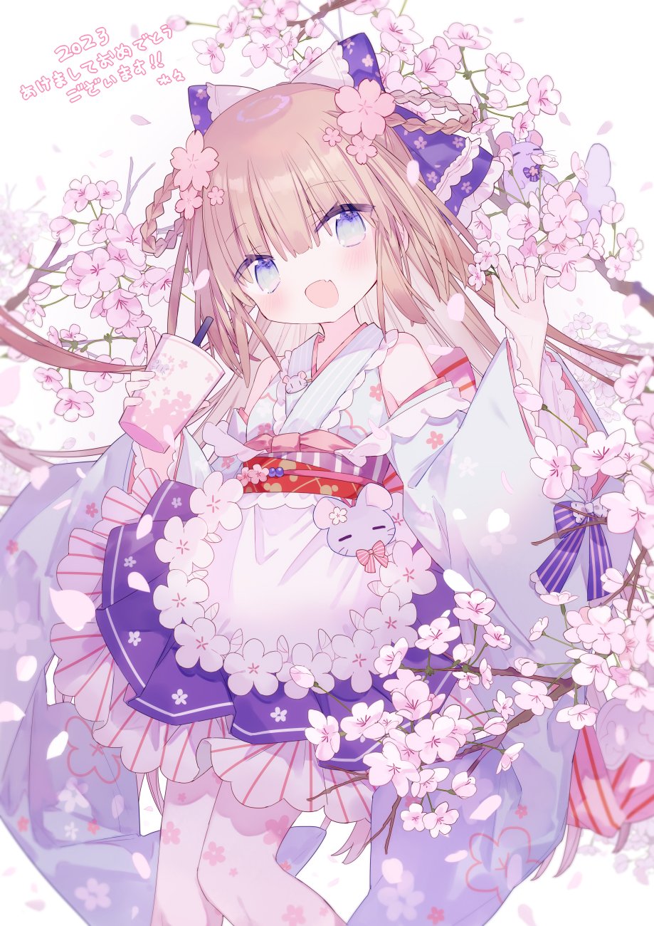 1girl, blue_eyes, blunt_bangs, bow, braid, brown_hair, flower, hair_bow