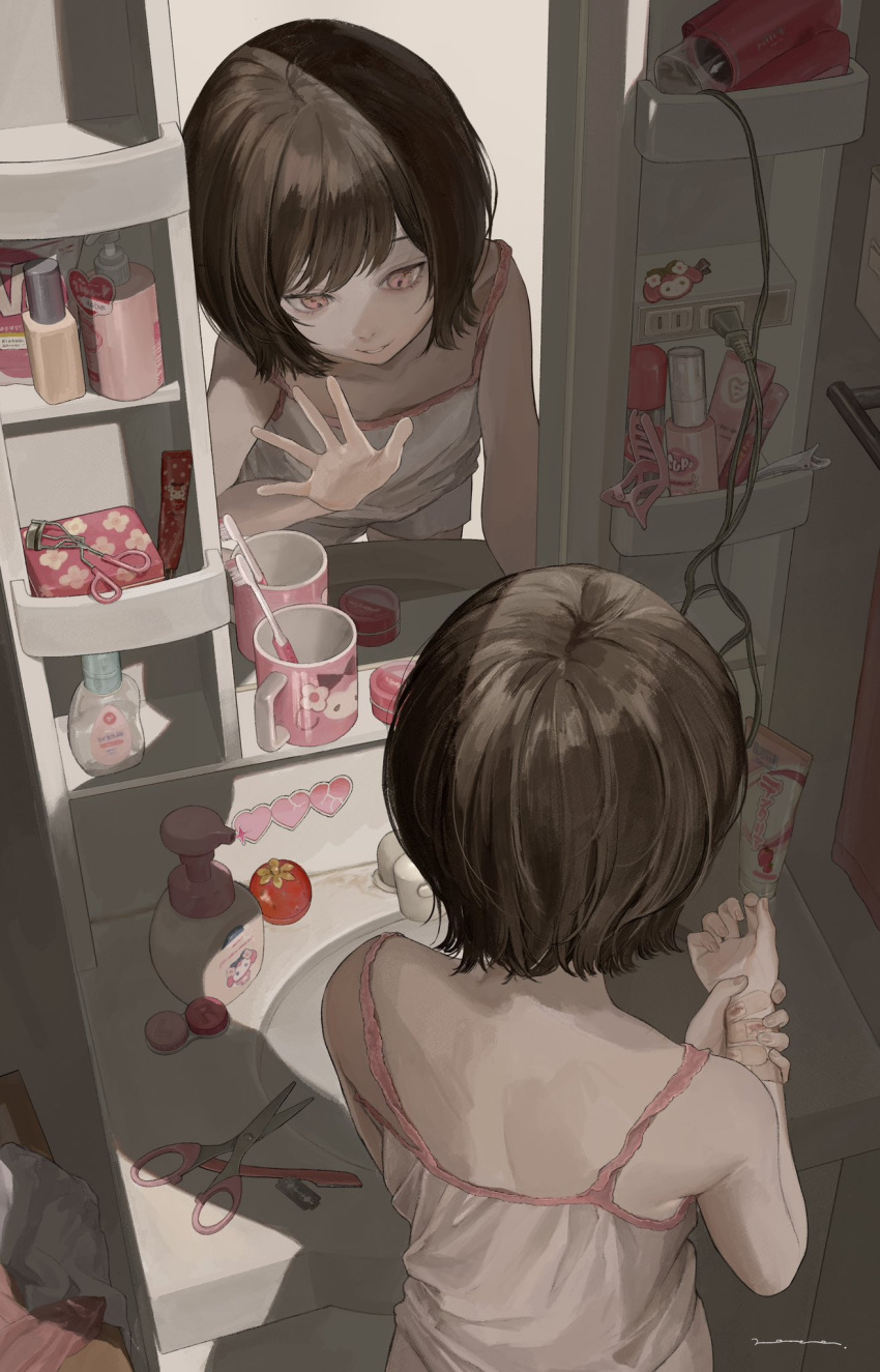 1girl, bandaid, bathroom, contact_lens_case, cropped_legs, cropped_torso, cup, darico, different_reflection, electrical_outlet, faucet, flat_chest, hair_ornament, hairclip, highres, holding_own_wrist, lotion, medium_hair, mirror, mug, original, parted_lips, pink_eyes, pink_tank_top, pink_towel, razor_blade, reflection, scissors, self-harm, shorts, sink, soap, swept_bangs, tank_top, toothbrush, towel_rack, white_shorts, wrist_cutting